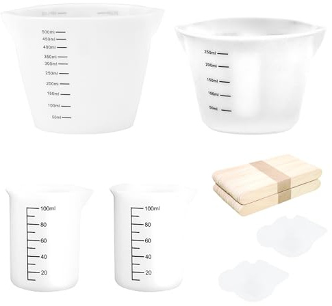 Ksvaye Silikon Messbecher Set 6 Stück Silikonbecher 500ml/250ml/100ml/10ml Silikonbecher zum Gießen/50 Holzstäbchen Epoxidharz Mischbeche mit Skala Clear Silikon Becher Set für Harz Resin