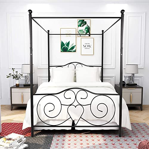HAHRIR Double Canopy Bed Frame with Vintage Headboard & Footboard, Black