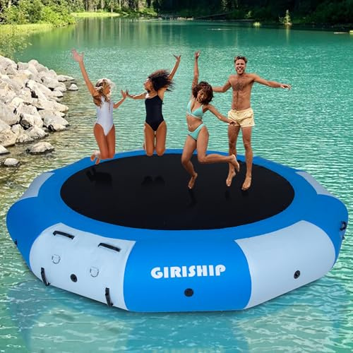 GIRISHIP Inflatable Water Trampoline, 10/12/15 Feet Floating Trampoline for Adults, Portable Swimming Platform for Pond, Pools with Pump and Rope Ladder (Light Blue)
