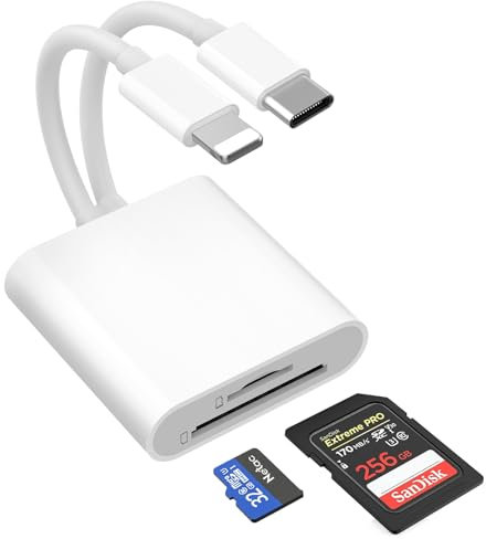 Dual Connector Dual Slot MicroSD/SD Card Reader for iPhone iPad, Lightning & USB C SD Card Reader, Camera Memory Card Reader, USB-C OTG Adapter for Devices with iOS/Android/Other Systems
