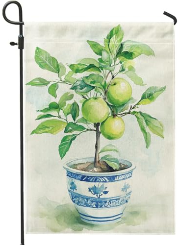 Bandera de jardín de árbol de cítricos verdes, vibrante planta de limón verde para decoración al aire libre, bandera rústica de doble cara para patio, decoración del hogar, acentos de césped de