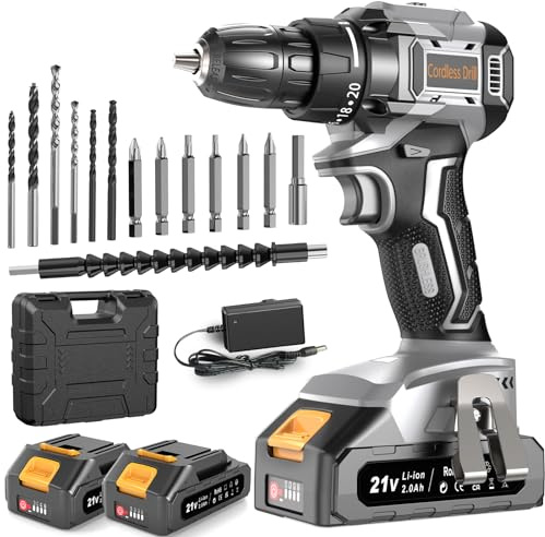 DYJPOW Brushless Cordless Drill Driver 21V, 2 Batteries 2000mAh, 20+1 Torque, 45N.m Max, 14PCS Drill Bits, 2 Speed, LED Light for Home, Garden DIY, Grey