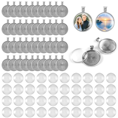 Anhänger Tabletts Set, 40 Stück Legierung Blank Lünette Anhänger Tabletts 25 mm mit 40 Stück Glas Cabochon Rohlinge, Runder Anhängersockel zum Befüllen von Foto, für Diy Handwerk, Silver