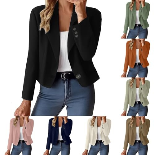 EMUKFD Summer Jackets for Women UK Summer Cropped Cardigans Casual Smart Blazer Office Wear Autumn Open Front Long Sleeve Lightweight Jackets Wedding Formal Outfits Business Work Suit Jacket Black
