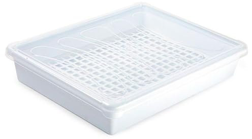 Tradineur - Confezione da 3 vassoi frigoriferi con coperchio e griglia, in plastica, riutilizzabili, scongelare alimenti, prodotti in Spagna, 4 litri, 35 x 27,5 x 6,5 cm, colore: bianco