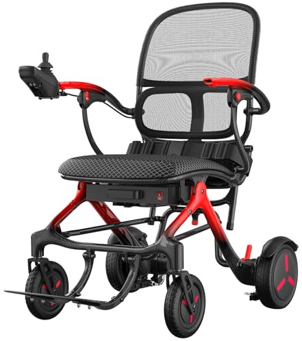 Fauteuil roulant électrique pliable et léger en carbone: autonomie de 25 km avec pneus increvables pour tous les terrains – Fauteuil roulant électrique avec dossier respirant jusqu'à 150 kg
