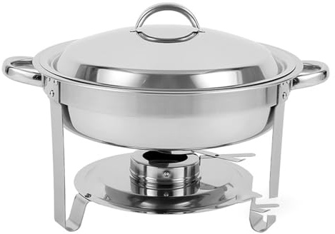 HAVVMK Juego de Buffet de Plato Caliente de Acero Inoxidable con Tapa de Cristal y Soporte de Tapa Incorporado, Bandeja Redonda para Calentar Alimentos, para Fiestas, cenas y Catering.
