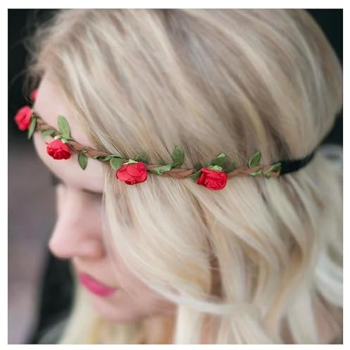Cybche Flor Diadema Corona De Flores Diadema Floral Rojo Diademas Rosa Artificial Corona De Flores Tocado Diademas Elástica Ajustable Banda De Pelo Hawaiano Accesorios De Fiesta