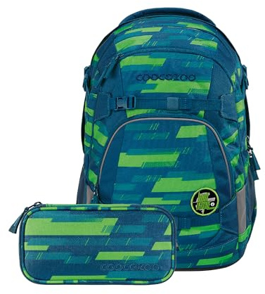 Coocazoo Schulrucksack-Set MATE „Lime Stripe“ 3-teilig, blau-grün, ergonomischer 30L Tornister, mit Brust- und Hüftgurt für Kinder ab der 5. Klasse, inkl. Mäppchen und COLOUR UP-Set