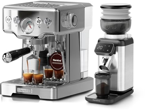 Neretva Siebträgermaschine Professionellem 15 Bar Edelstahl Espressomaschine & 40 Präzisionsschleife Kegelmahlwerk Kaffeemühle Elektrisch