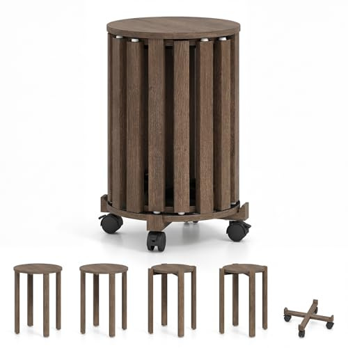 COSTWAY Set di 4 Sgabelli Impilabili 4 in 1, Sgabelli in Legno con Portavaso con Rotelle, 2 Grandi Ø36 cm e 2 Piccoli Ø35 cm, Tavolino Laterale Rotondo per Soggiorno e Camera da Letto (Marrone)