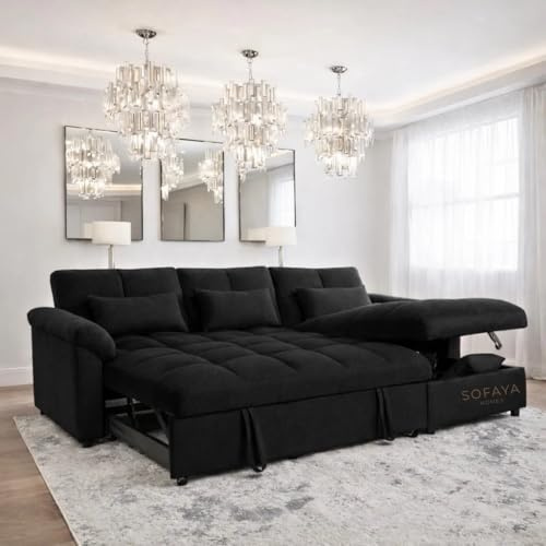 Sofaya Linen Sofa Bed Universal L Shape Chaise – Upholstered Fabric Couch with Cushions 3-4 Seater Sofa for Living Rooms (Black)