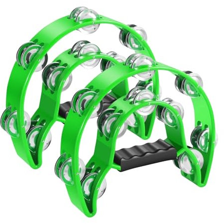 Flexzion Tamburin, Handtrommel - 2er-Pack, 25cm Schellenkranz mit Handgriff, Musik Schlaginstrument, zweireihig Schellenring in Halbmond-Form Rahmen, mit 20 Paar Metall Schellen, Grün