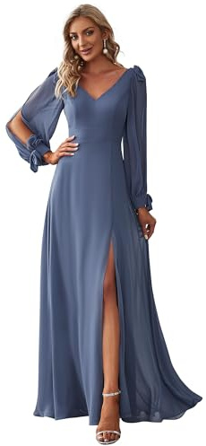 Ever-Pretty Vestido de Fiesta Escote en V Chiffón sin Respaldo Corte Imperio Abertura Manga Larga A-línea Elegantes Armada Polvorienta 42