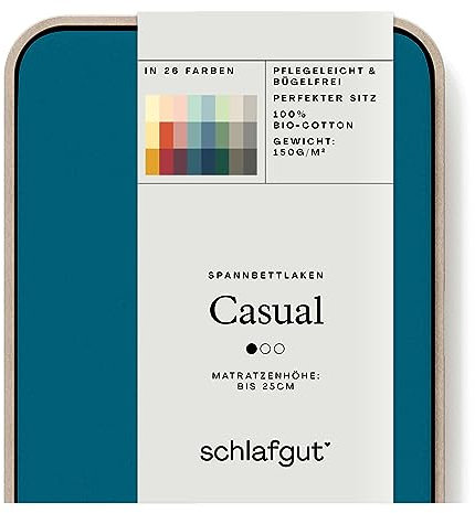 Schlafgut Casual Spannbettlaken 90x190cm bis 100x200cm - 100% Biobaumwolle, Oeko-TEX Zertifiziert, Petrol Deep, Matratzenhöhe bis 25cm