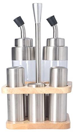 CUEI 6-teiliges Menage-Set aus Edelstahl und Glas, Öl-Essig-Menage-Flaschen, Salz- und Pfefferstreuer, Holzregal, Glas-Gewürz-Set für Küche, Tablett, 22.4 fl.oz, BPA-frei, Spülmaschinenfest