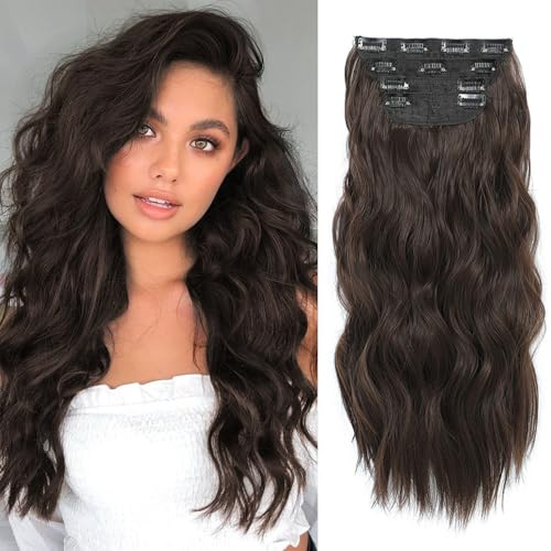 Clip in Hair Extensions 4PCS Thick Full Head Natural Brown 20Inch Hair Extensions Clip in Curly Wavy Synthetic Hair Extension Hairpieces