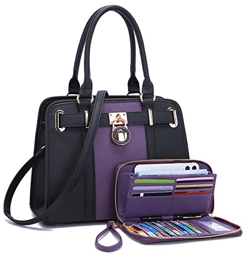 Handbags Sets For Women Shoulder Bags Top Handle Work Satchel Tote Purses Set With Matching Wallet 2pcs PurpleBlack