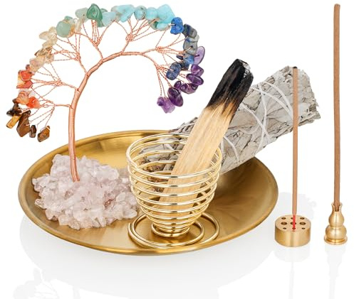 ZenBless 7 Chakra Healing Crystal Tree Incense Holder Palo Santo Sage Burner Brass Ash Catcher for Incense Sticks Coil Cones Yoga Meditation Zen Spiritual Room Home Decoration (Round)