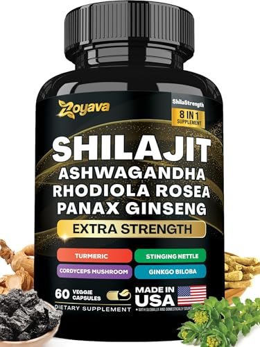 Shilajit 9000 Panax Ginseng 1500MG Ashwagandha 2000MG Rhodiola Rosea 1000MG, Kurkuma 500MG, Gingko Biloba 500MG, Brennnessel 250MG, Cordyceps Pilz 500MG (60 Kapseln)