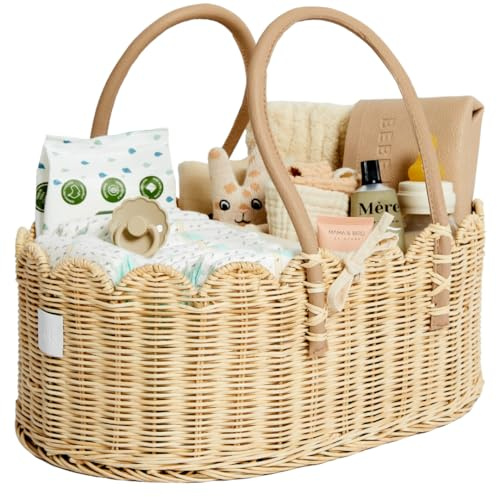 BEBE BASK Premium Baby Diaper Caddy Organizer - Handmade & Award-Winning Scalloped Rattan Basket - Luxury Diaper Caddy Basket - Elegant Scalloped Edge (Natural)