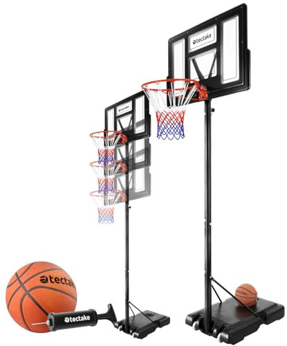 tectake® Basketballkorb Outdoor mit Rollen, Basketball Kinder, Erwachsene, mobiler Standfuß mit Rückwand, Korb mit Netz wetterfest, Basketballständer höhenverstellbar, inklusive Ball und Pumpe