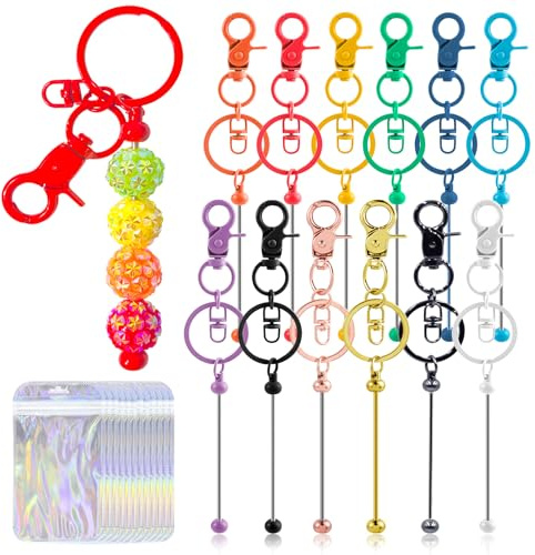 24 Pcs Beadable Keychains Bars bulk - 12 Colorful DIY Metal Beaded Keychain Making Kit + 12 Bags Included, Bead Keychain Supplies,Blank Key Chain, Perfect for Women, Men, Mother's Day, Birthday Gift