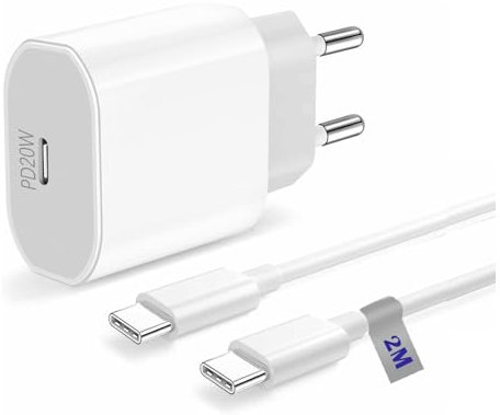 20W Chargeur Prise USB C pour iPhone 15 16 Plus/16 Pro/16 Pro Max, iPad Pro 13/12.9/11, iPad air 4/5, iPad Mini 6, Chargeur Bloc Rapide avec Câble de Charge Type-C vers C 2M, Adaptateur Secteur PD UE