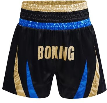 FEESHOW Muay thailändska shorts kickbox byxor thaiboxning korta byxor pojkar sport MMA kampsport fitness shorts, Blå och guld, 170