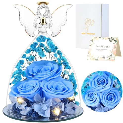 FRFG Regalos de Angel Rosa Eterno para Mujeres, Regalo para Mujeres, Rosas Preservadas en Figuras de Angel de Vidrio, Angeles de Flores para Mamá, Abuela, Esposa, Hermana, Novia (Azul Cielo)