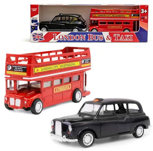 London Bus Diecast Model Double Decker Red Bus and Black Taxi Mini Models 1:32 Scale Pull-Back Buses Model Alloy Diecast Toy Vehicles Taxi Toys Metal Die Cast Free Wheeling Toy Birthday Gifts for Kids