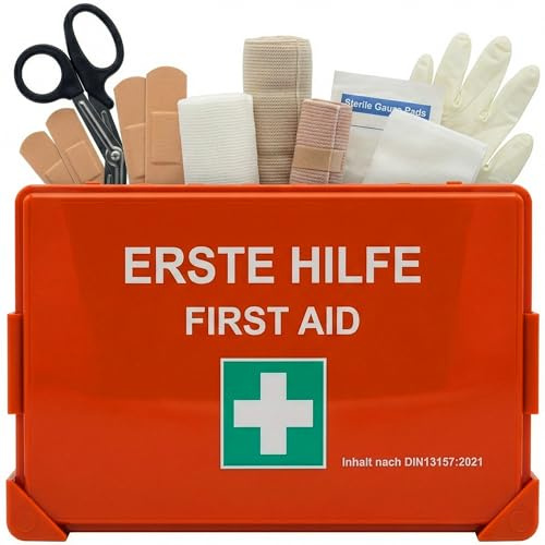 KARAT Cassetta di pronto soccorso – DIN 13157:2021 – con supporto a parete, 5 adesivi & sigilli – kit di pronto soccorso – valigetta di primo soccorso per il funzionamento – ufficio & casa – set di