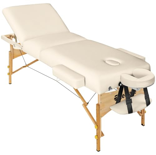 tectake® Lettino Massaggio portatile, Morbida Imbottitura, Poggiatesta, letto pieghevole, Legno, lettino estetista, fisioterapia, Lettino Tattoo - Beige