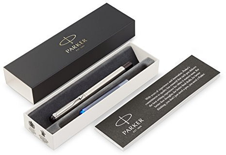 Parker Vector Fountain Pen | Stainless Steel with Chrome Trim | Fine Nib | Blue Ink | Gift Box