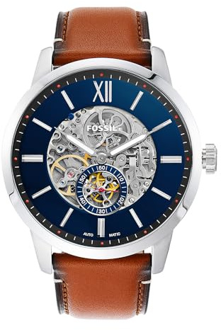 Fossil Townsman uhr für Herren, Automatikuhrwerk mit Edelstahl- oder Lederarmband, Silberton und Braun, 48MM