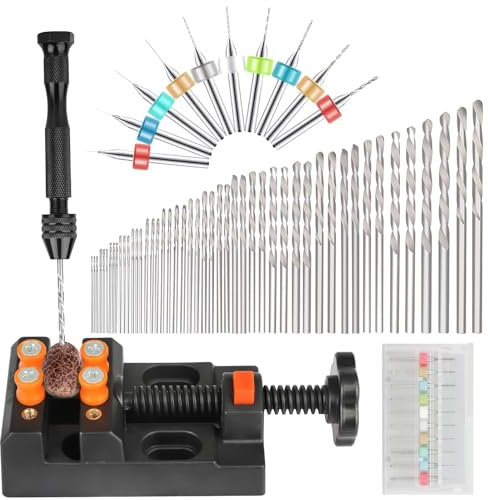 Linkstyle 60 Stück Handbohrer Set, Mini Bohrmaschine Pin Vise mit 48 Handbohr Spiralbohrer 0.5-3mm, 10 PCB Bohrer und Schraubstock für Holz Modellbau