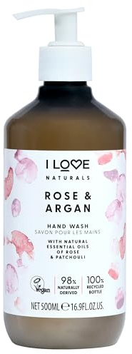 I LOVE Naturals Rose & Argan Savon Liquide Mains 500ml – Huiles Naturelles de Rose & Patchouli – Nettoie Doucement, Formule Rafraîchissante & Purifiante – Vegan & Cruelty-Free 500ml