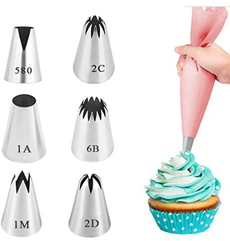 Set di 6 ugelli per grandi professionisti (580, 2D, 2C, 1M,1A，6B) per decorare cupcakes, torte, biscotti e frittelle - ugelli per pasticceria