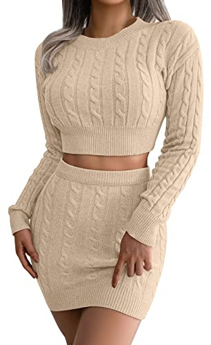 Abito da donna, in due pezzi, con scollo rotondo, con gonna a matita, elastico, 2 pezzi, in tinta unita, a maniche lunghe, maglione corto, a maglia, slim fit, khaki1, M
