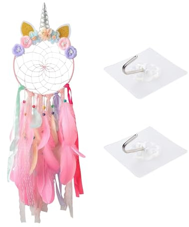 Atrapasueños de Unicornio con 2 Ganchos de Pared, Plumas Coloridas, Cinco Anillos, Accesorios de Dormitorio Rosa