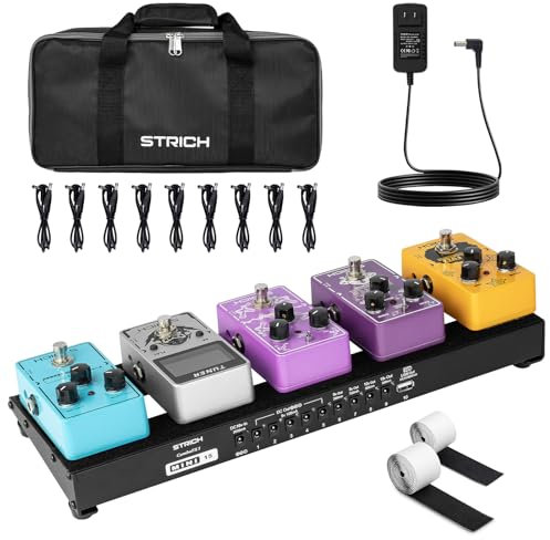 STRICH Gitarre Pedalboard mit integriertem Netzteil, kleines Pedalbrett 15 x 5,1 1,3 LB leichtes Aluminiumlegierung, Tasche, Klettstreifen PB-M15