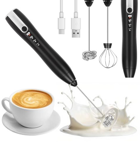YYAQZD Wiederaufladbarer Milchaufschäumer,Handheld Elektrischer Milchschäumer Stab,Tragbarer Wasserdicht 3-Gang USB-C Aufladbar Aufschäumer,für Kaffee, Latte, Cappuccino, 2 Schneebesen,schwarz