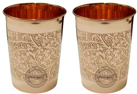 Fashnkart Bicchieri in rame puro Acqua potabile Set di 2 bicchieri in rame puro per la salute ayurvedica 10,14 once 300 ml (in rilievo)
