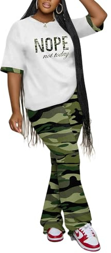 PINSV Womens Sets 2 Piece Outfits Casual Short Sleeve Top and Flare Pants Lounge Sets Tracksuit Camouflage XXL