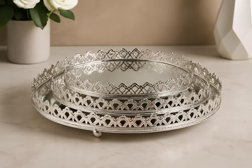Dekorativa brickor, spegelbricka, bricka, dekorativ bricka make-up arrangör, ljusbricka, smyckesspegel, kosmetisk spegel – metall/spegel – presentidé (set med 3 Eva silver)