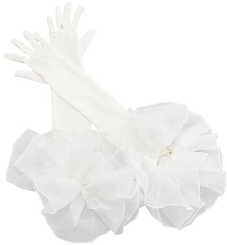 CABODYALS Vita långa brudhandskar sammet satin mjuk beröring formell tebjudning stretchig med tyll-veckad manschett över armbågshandske för kvinnor damer bal bröllop middag tillbehör dans