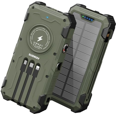 Sudrov Solar Power Bank 42,800mAh, 15W with Built-in Cables, Portable Charger, Gifts for Men Him Husband, Outdoor Solar Battery Pack, Tech Gadget for Dad, ArmyGreen