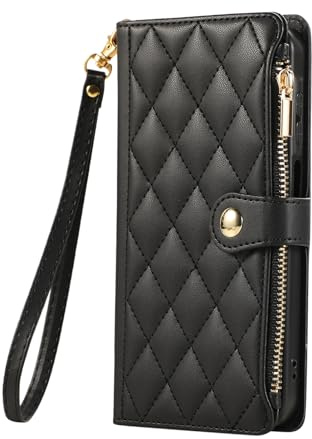 Sawiqpd Wallet Phone Case for Samsung Galaxy Z Fold 7 5G, Black | Faux Leather Shockproof TPU, Kickstand, Card Slots, Magnetic Closure, Strap, RFID Protection, Zip Pocket, Flip Bumper Cover