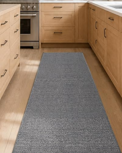 Color&Geometry 4mm ultratunn köksmatta Halkfri tvättbar 61x210cm, Ljusgrå | Vävd Gummi Backed Kökslöpare, Absorberande Lätt att rengöra golvmattor för framför diskbänken, korridor