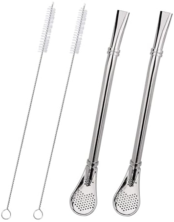 Sorfia Bombilla Mate Yerba, 2 Pack Bombilla Yerba Mate Straw Filter, 2 in 1 Metal Straws Reusable 304 Food-Grade Short Stainless Steel Straws Spoon Straw 6.2 inch with 2 Cleaning Brushes